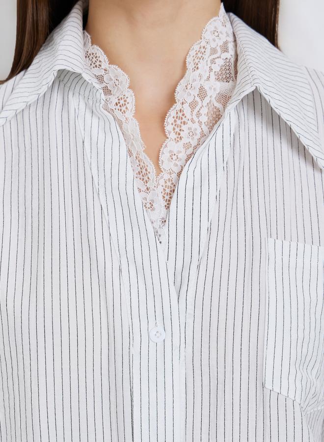 Styli Women White Pinstripe Oversized Shirt with Lace Trim - Image 4